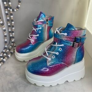 Womens Goth Platform Wedge Heel boots Glittery Blue and Pink Boots size 6.5